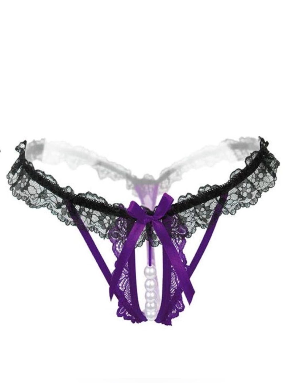 NEW! Purple & Black Lace Open Crotch Thong with Beaded Detail